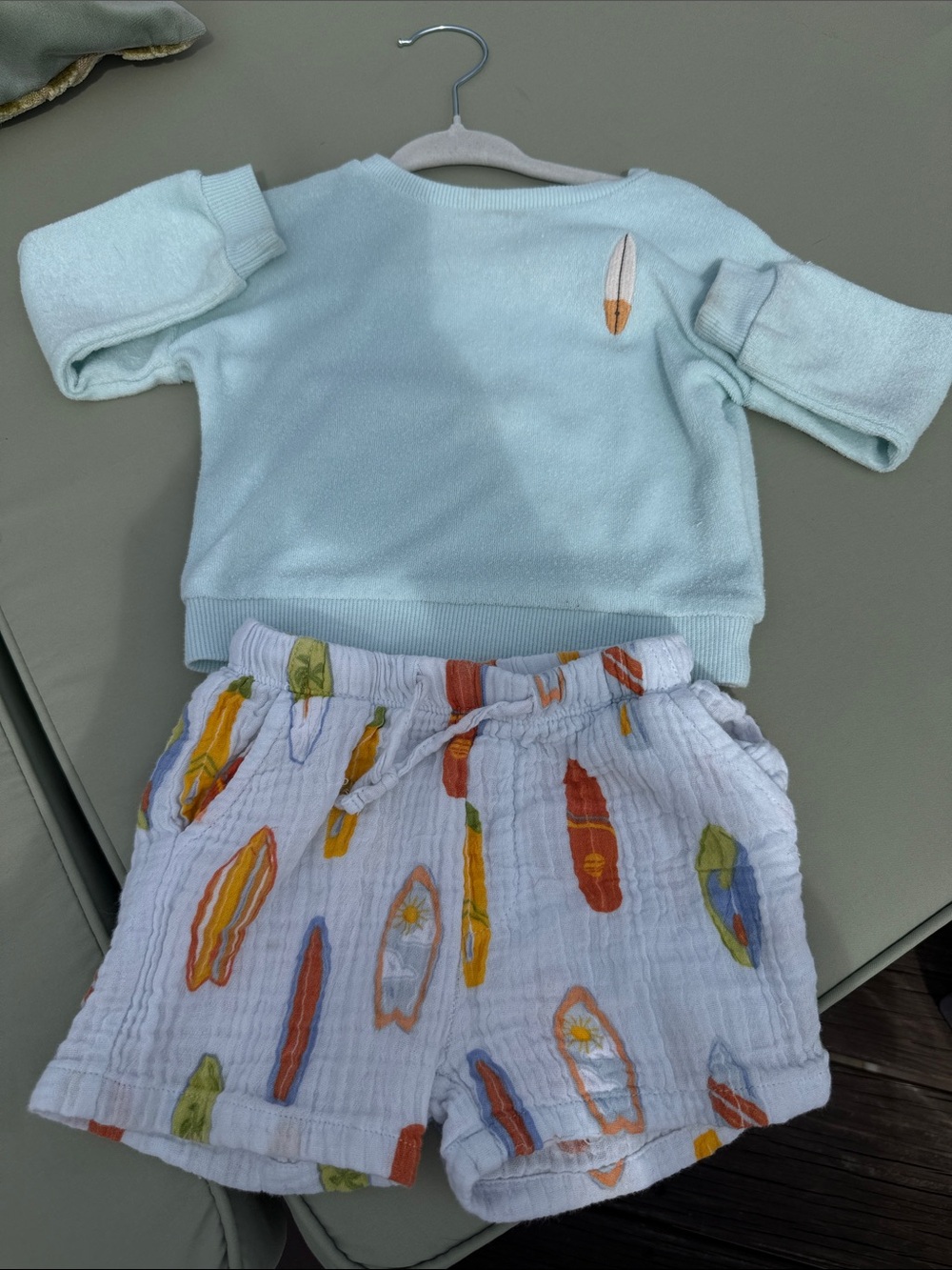 Rabbit + Bear Surfboard  Set - Light Aqua Top/Surf Print Shorts